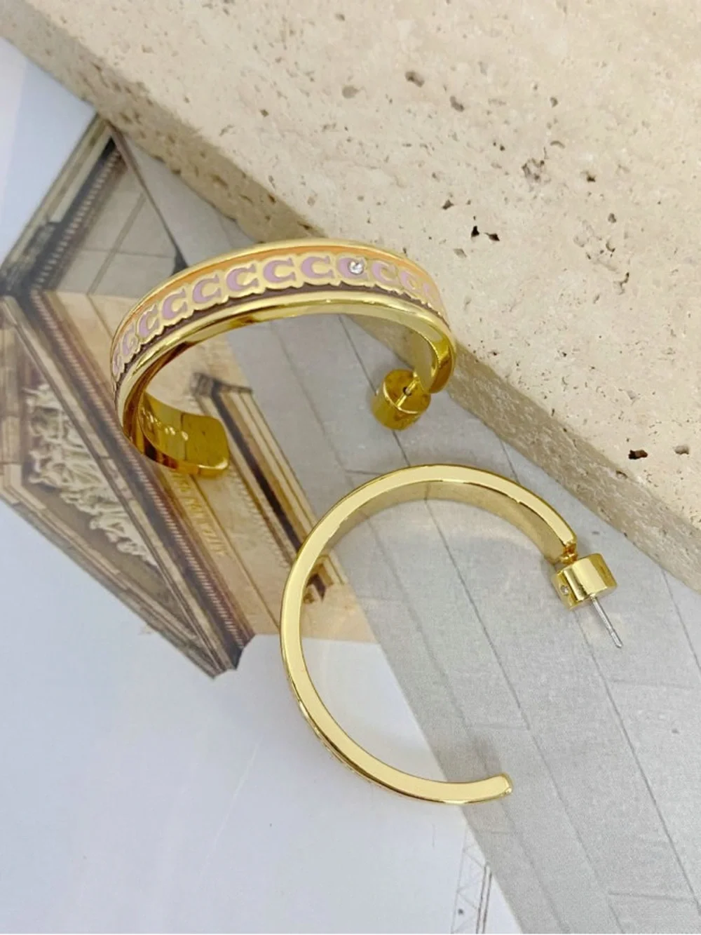 Coach Gold Hoop Earrings with Light Pink Enamel Accents